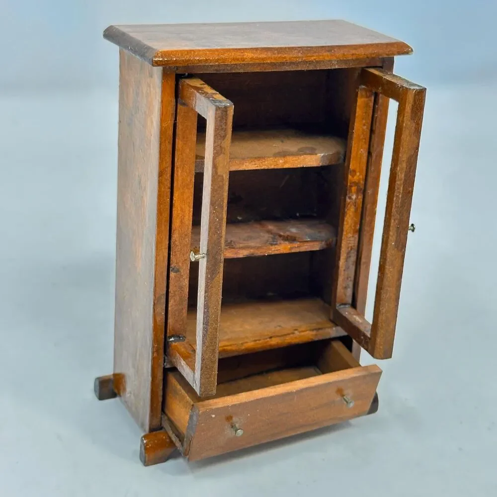 Vintage Miniature Wooden Cabinet Dollhouse Glass Door Hutch Display Case Drawer
